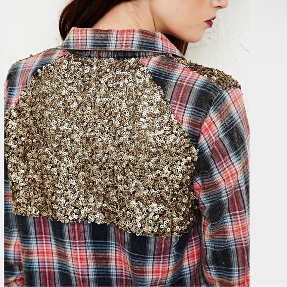 Free People Little Bit of Sugar Plaid Button Down Shirt with Sequins Blouse S - Picture 4 of 4